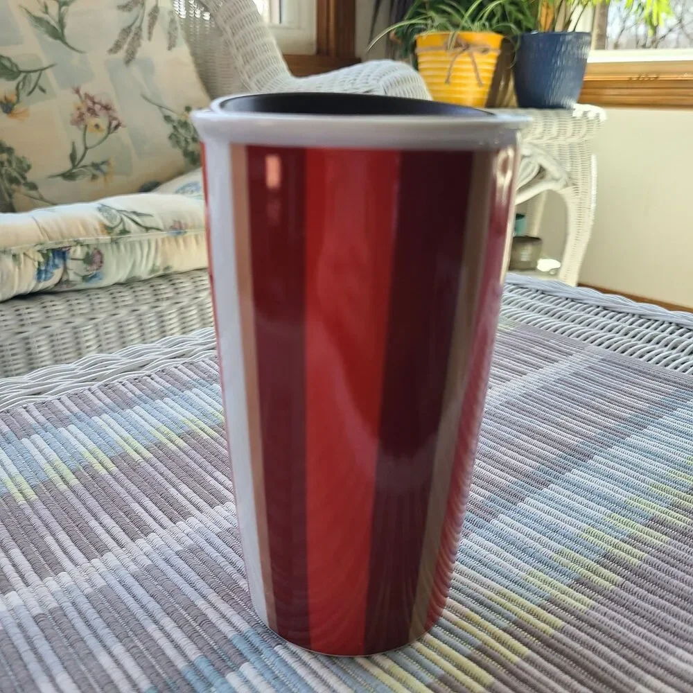 Starbucks Holiday Ceramic Tumbler Red Stripe Double Wall Travel 12 Oz Mug Cup